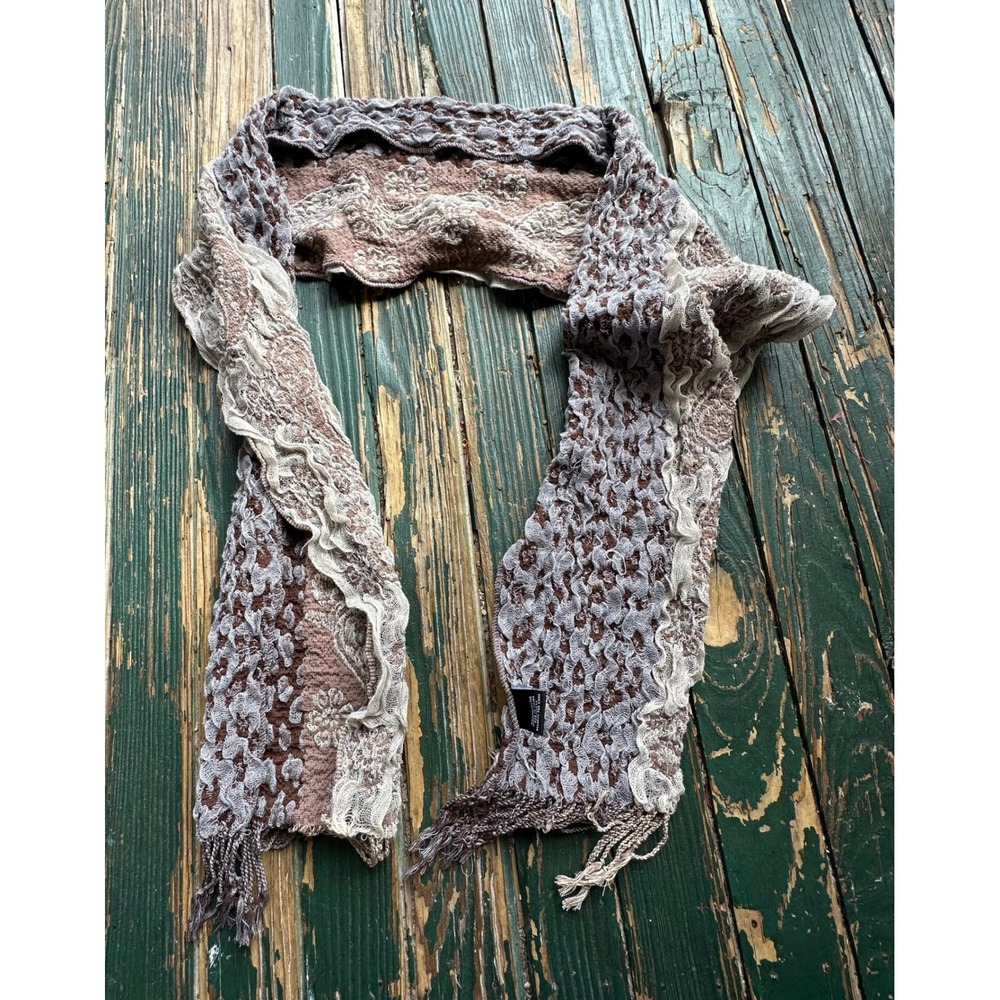 Brown Grey Popcorn Knit Ruffle Lace Scarf Textured Mesh Fringe Boho A4453